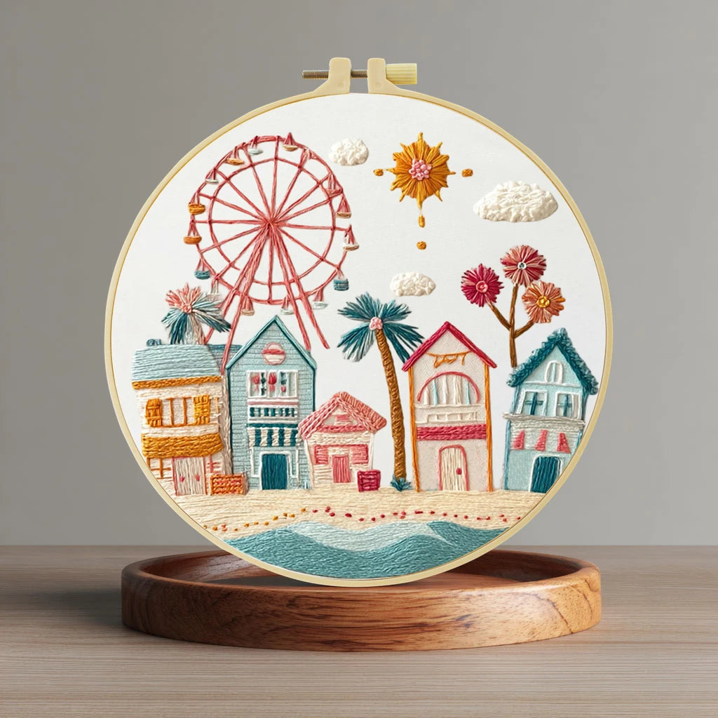 Whimsical Coastal Village Embroidery Kit – Pastel Beach Town & Ferris Wheel Needlepoint Pattern with Seaside Charm