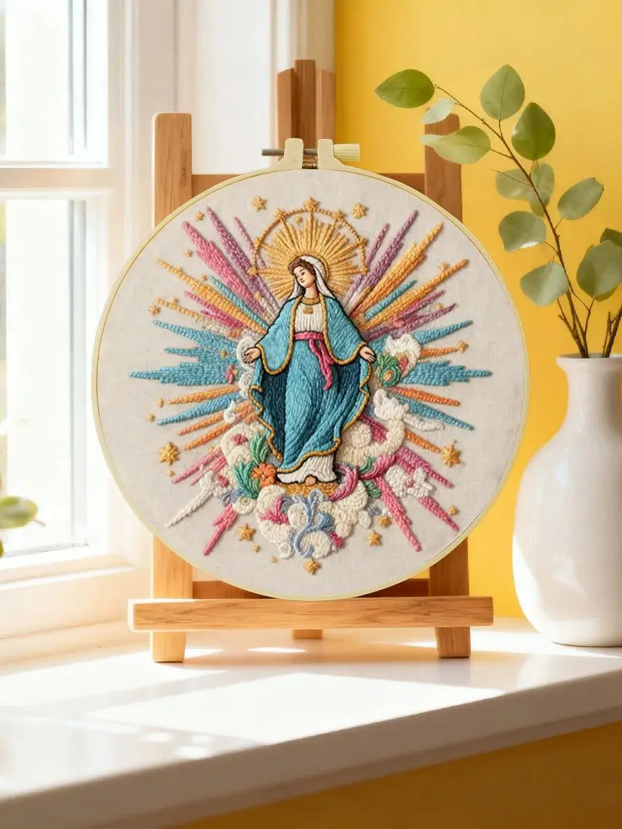 Virgin Mary Embroidery Kit – Colorful Catholic Needlepoint Pattern with Heavenly Rays & Religious Christian Wall Art Decor