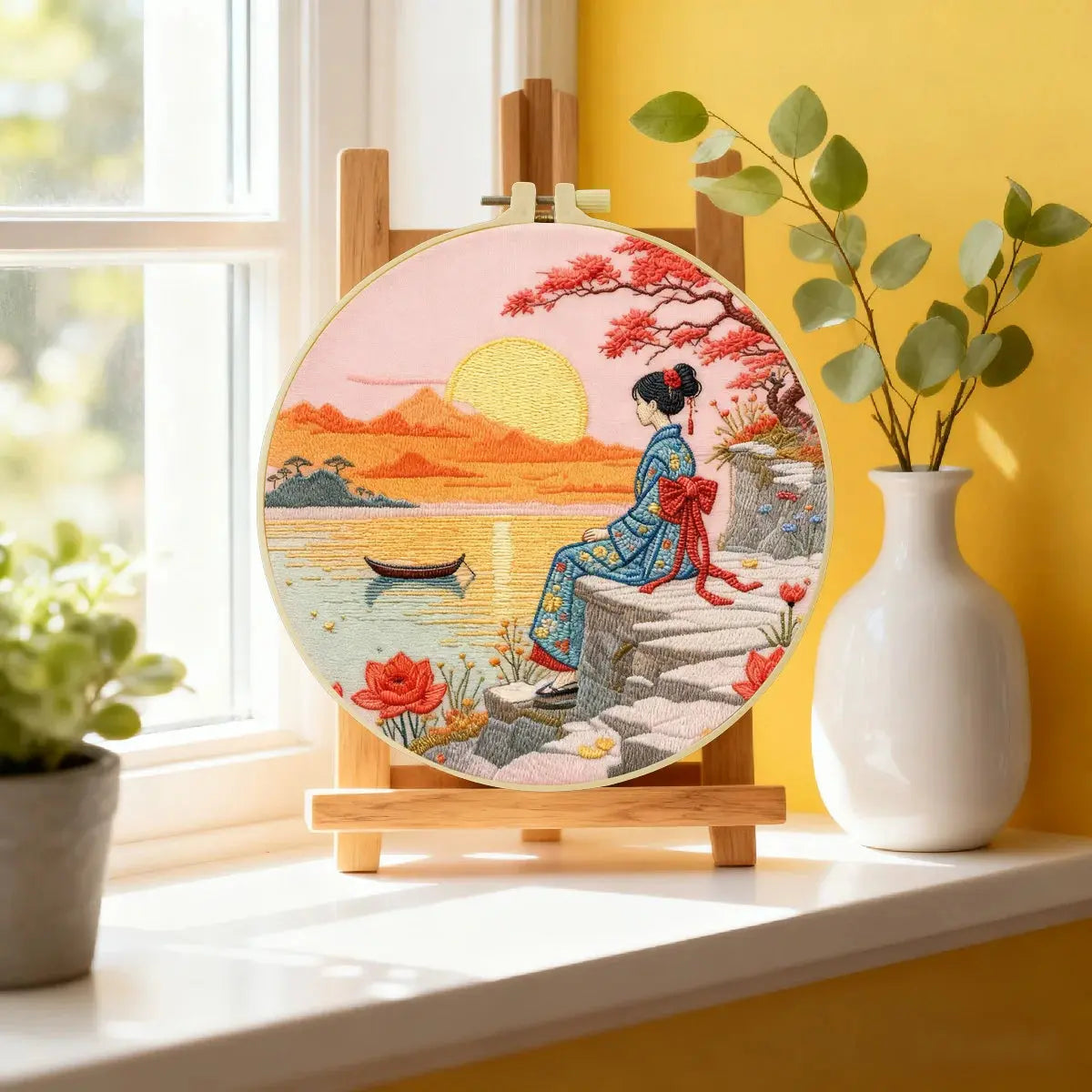 Japanese Sunset Landscape Embroidery Starter Kit – DIY Scenic Kimono Sewing Art Set for Beginners Kits For Stitchers