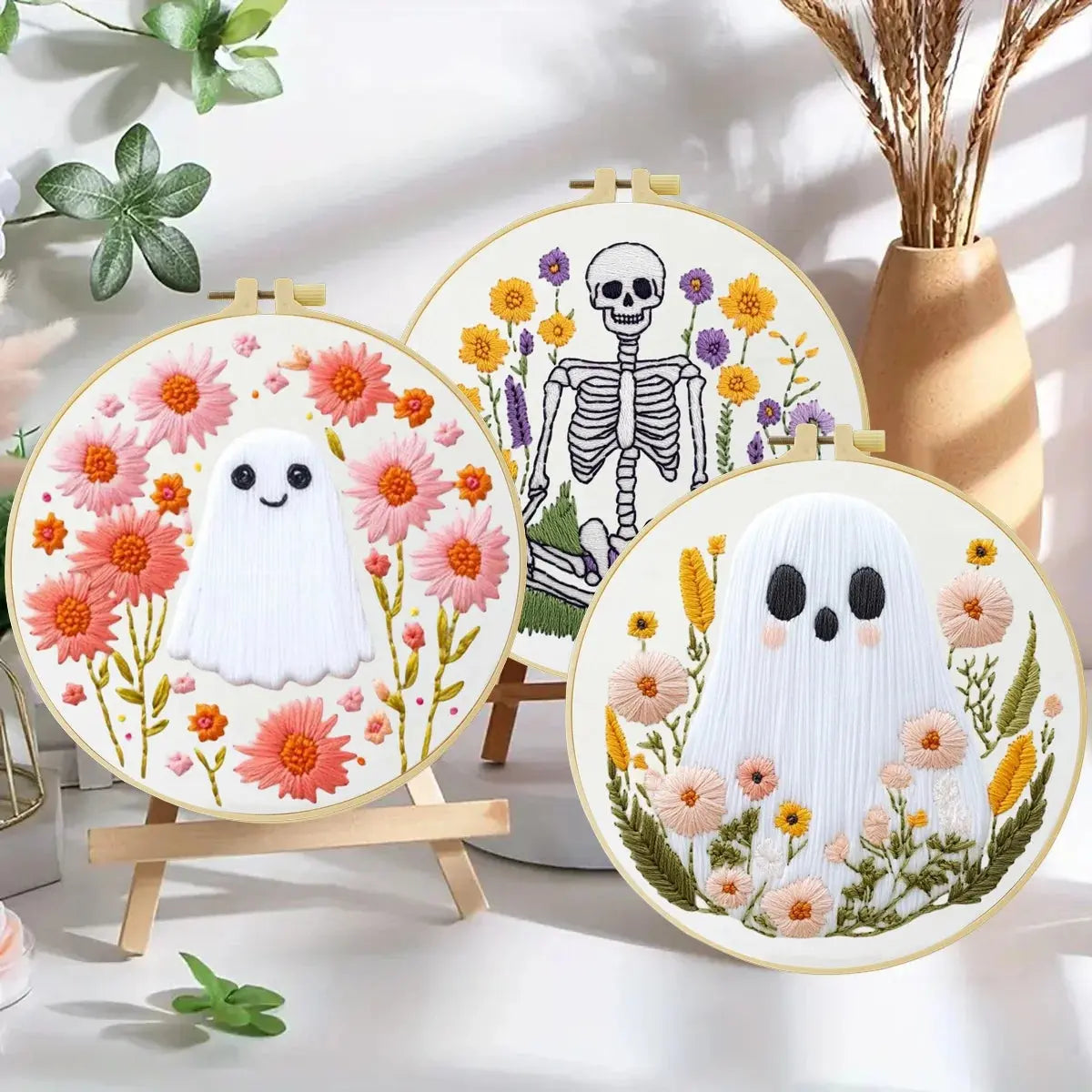 Floral Ghosts & Skeleton Embroidery Kit โ 3 Designs Kits For Stitchers