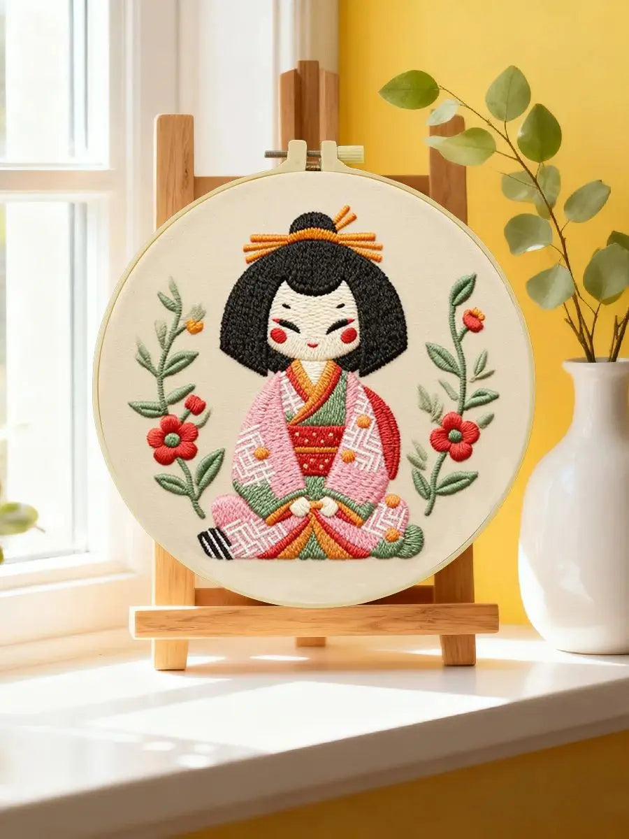 Cute Japanese Doll Embroidery Starter Kit DIY – Beginner Kawaii Hand Embroidery Kit with Floral Design