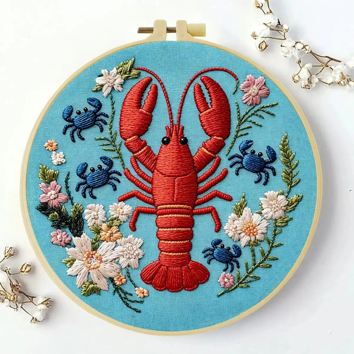 Lobster & Blue Crabs Embroidery Kit โ Colorful Coastal Floral Design Kits For Stitchers