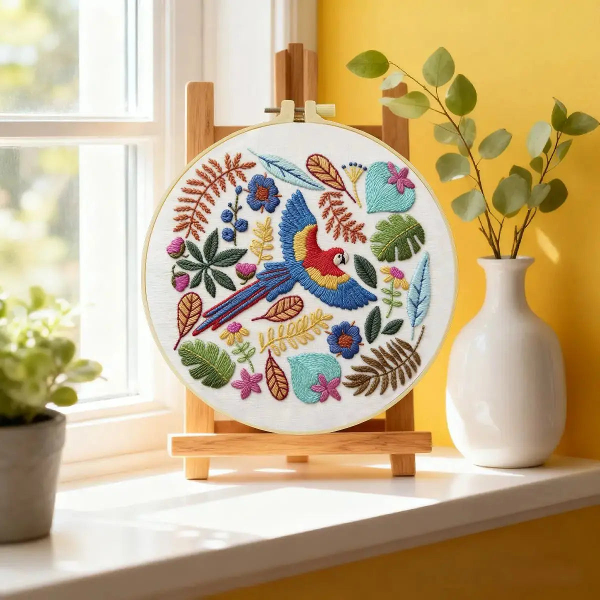 Tropical Macaw Embroidery Kit – Colorful Parrot DIY Hand Embroidery Hoop Art Set Kits For Stitchers