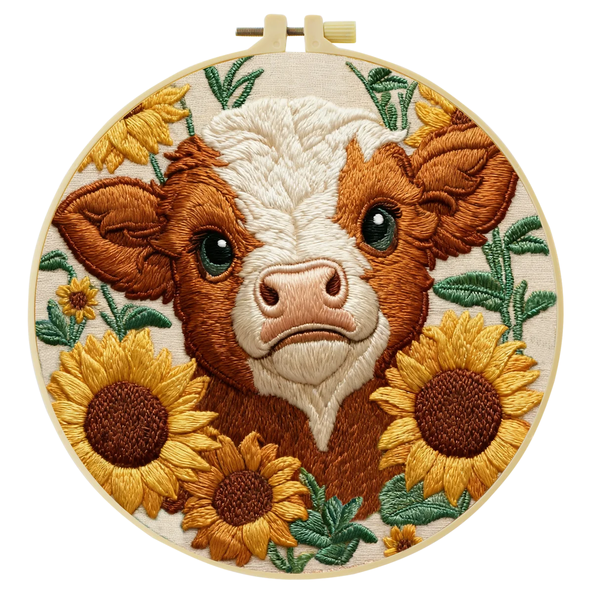 Highland Cow with Sunflowers Embroidery DIY Kit – Farm Animal Beginner Stitching Kit with Hoop, Pattern & Threads