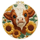 Highland Cow with Sunflowers Embroidery DIY Kit – Farm Animal Beginner Stitching Kit with Hoop, Pattern & Threads