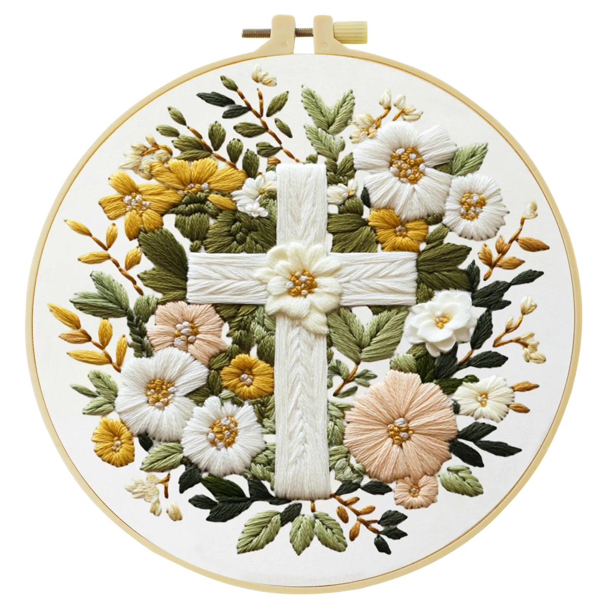 Floral Cross Embroidery Kit – Christian Needlepoint Pattern with Elegant White Flowers & Faith Inspired Wall Decor