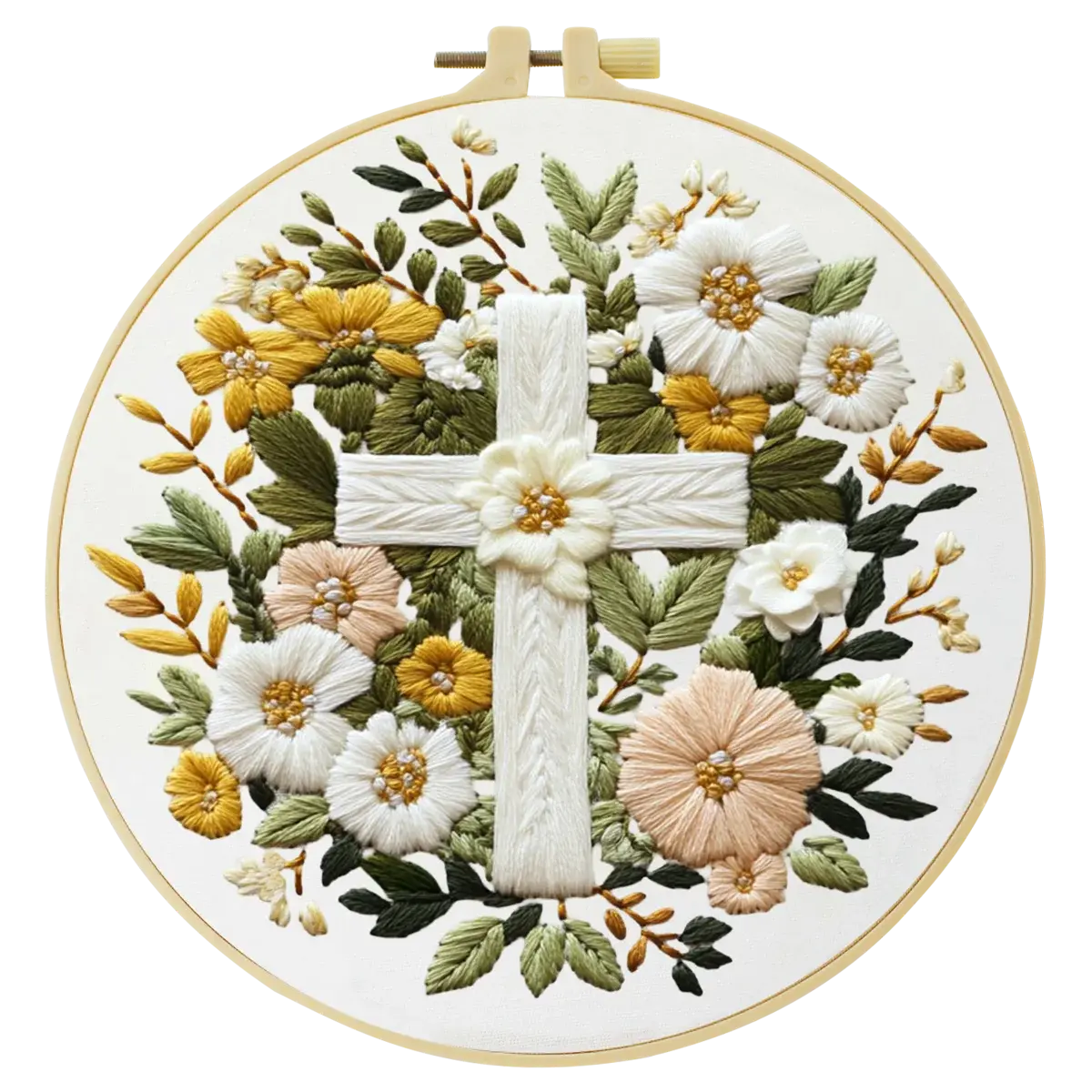 Floral Cross Embroidery Kit – Christian Needlepoint Pattern with Elegant White Flowers & Faith Inspired Wall Decor Kits For Stitchers