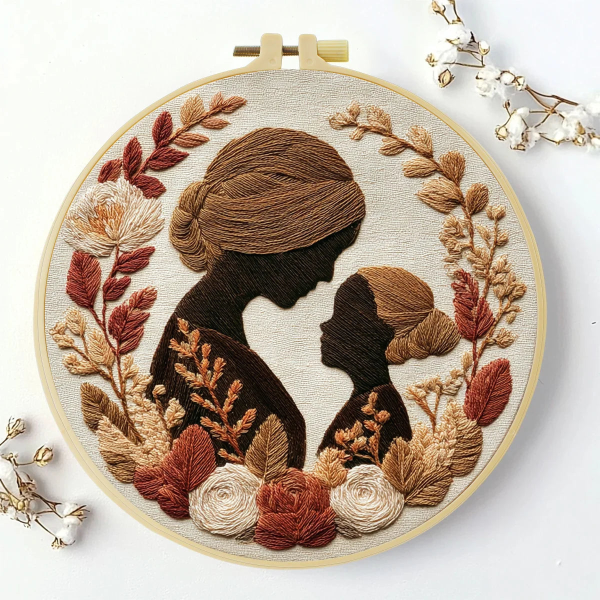 Mother & Daughter Silhouette Embroidery Kit – Elegant Floral Family Needlepoint Pattern with Warm Neutral Earth Tones