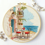 Mediterranean Seaside Café Embroidery Kit – Coastal European Street DIY Needlepoint Hoop Art Relaxing Vacation Decor Craft Gift