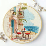 Mediterranean Seaside Café Embroidery Kit – Coastal European Street DIY Needlepoint Hoop Art Relaxing Vacation Decor Craft Gift Kits For Stitchers