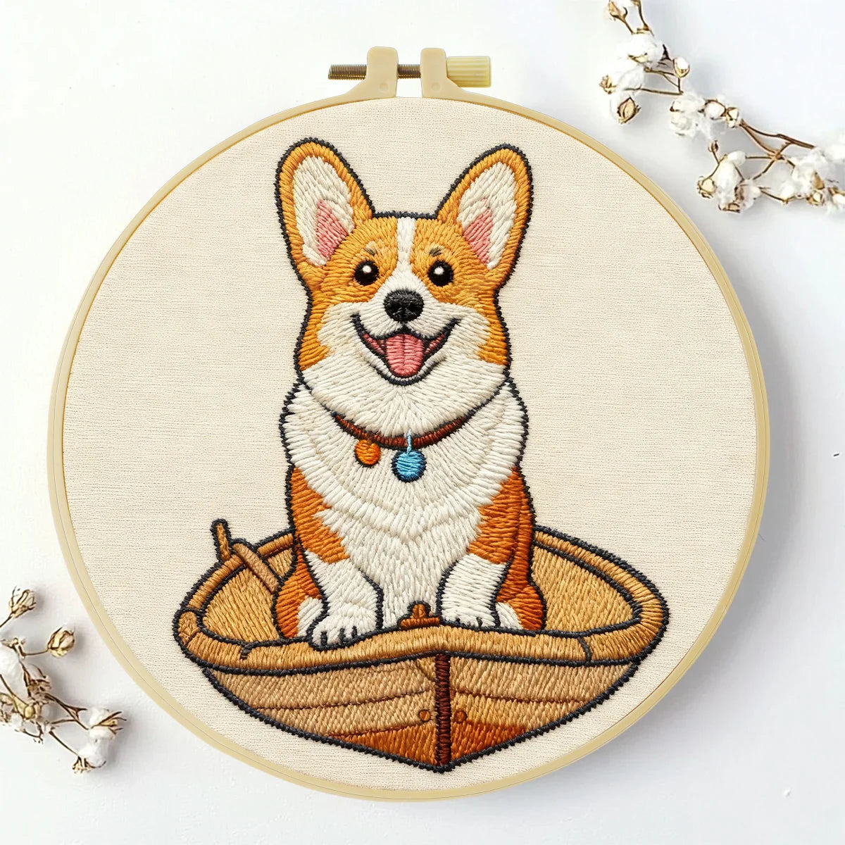 Cute Corgi Embroidery Kit – Adorable Puppy in Basket DIY Hand Stitch Craft Set with Hoop & Color Threads 🧵🐶