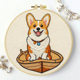 Cute Corgi Embroidery Kit – Adorable Puppy in Basket DIY Hand Stitch Craft Set with Hoop & Color Threads 🧵🐶