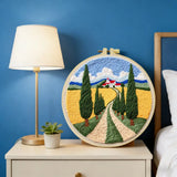 Tuscan Countryside Embroidery Kit for Adults – Scenic Cypress Tree Landscape DIY Needlepoint Hoop Art Beginner Friendly Craft Gift