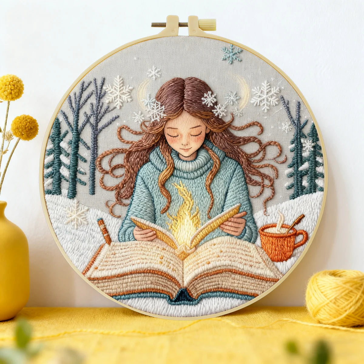 Winter Girl Reading Embroidery Starter Kit DIY – Beginner Cozy Book-Themed Hand Embroidery Kit