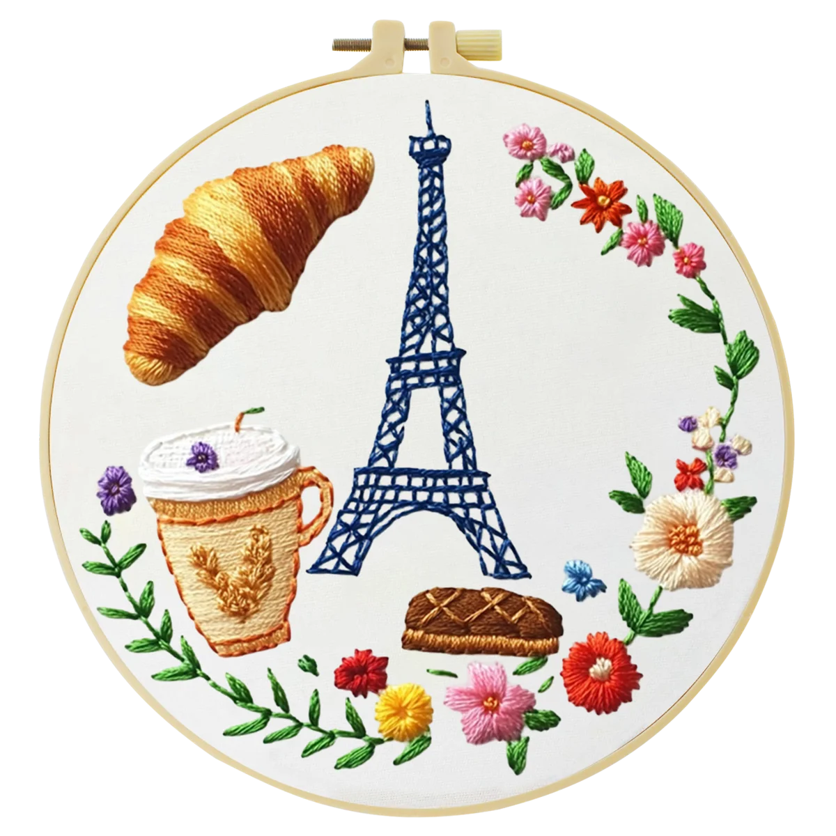 Paris Café Embroidery Starter Kit – DIY Eiffel Tower & Pastry Sewing Art Set for Beginners