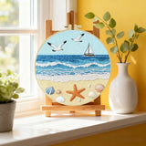 Coastal Beach Embroidery Kit – Ocean Waves, Seagulls & Seashells DIY Needlepoint Hoop Art Nautical Seaside Decor Craft Gift for Adults