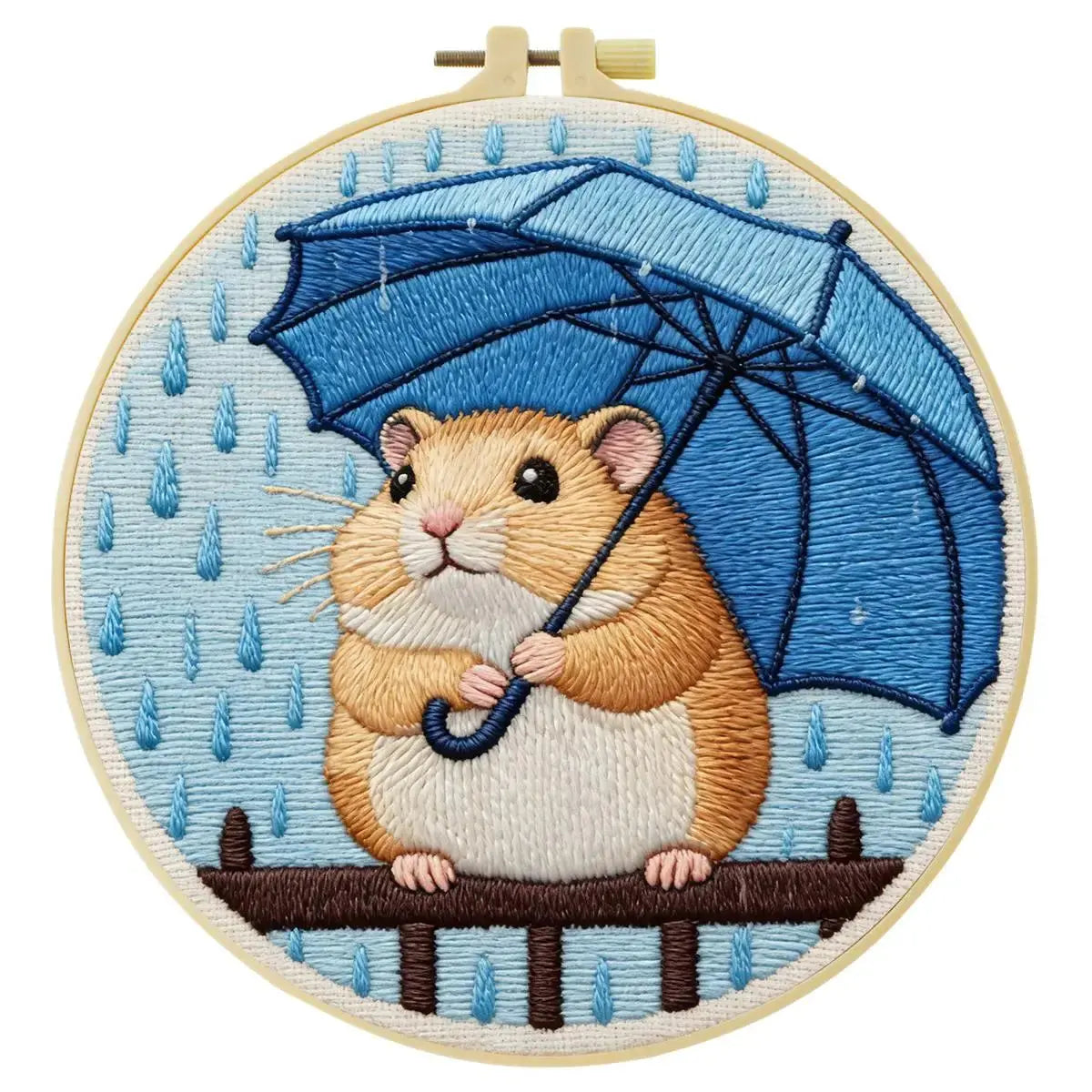 Rainy Day Hamster Embroidery Kit – Cute Umbrella Hamster DIY Hand Embroidery Set ☔🐹💙 Kits For Stitchers