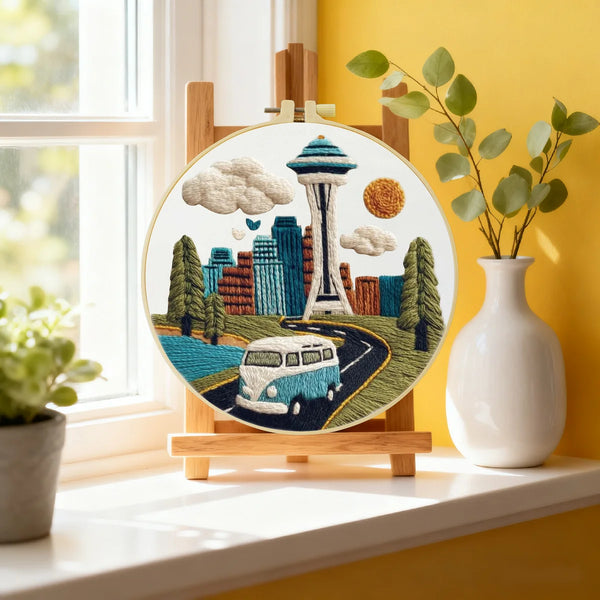 Seattle Skyline Embroidery Kit – Space Needle Cityscape DIY Hand Stitch Art with Hoop & Threads 🌲🧵🚐