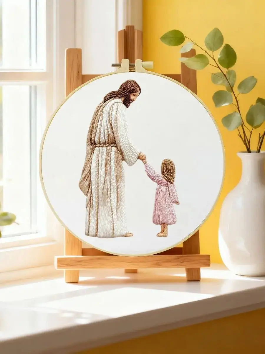 Jesus Holding Child Embroidery Kit – Minimalist Christian Needlepoint Pattern with Faith Inspired Religious Wall Art Decor