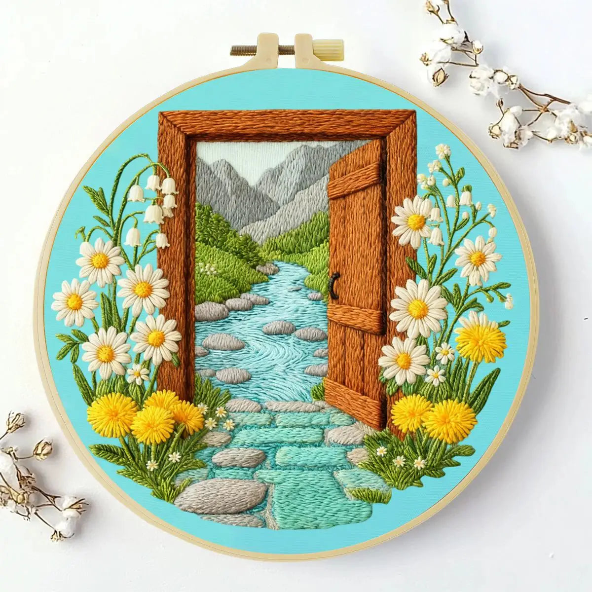 Open Door Landscape Embroidery Kit – DIY Nature Scene Hoop Art for Beginners & Craft Lovers