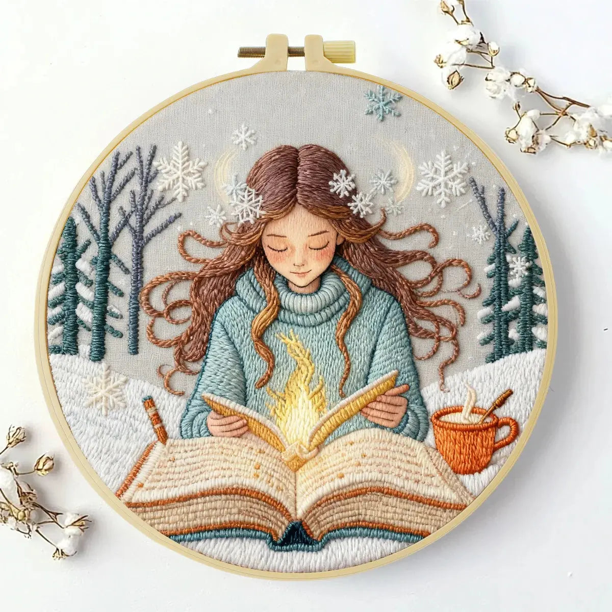 Winter Girl Reading Embroidery Starter Kit DIY – Beginner Cozy Book-Themed Hand Embroidery Kit Kits For Stitchers