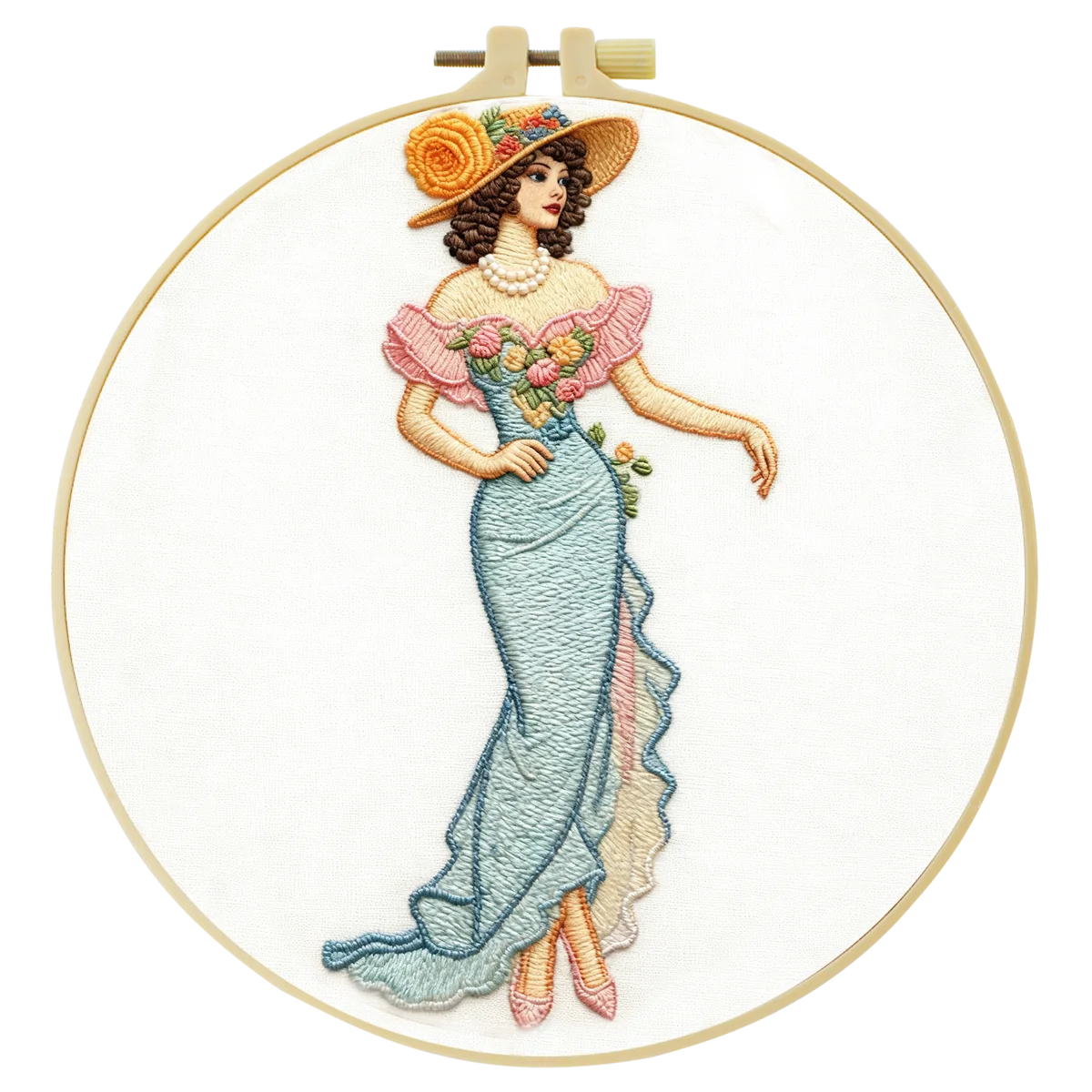 Vintage Lady in Elegant Dress Embroidery Kit – Victorian Style Woman with Floral Gown & Hat DIY Hand Stitch Art Set with Hoop & Threads