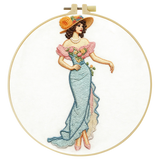 Vintage Lady in Elegant Dress Embroidery Kit – Victorian Style Woman with Floral Gown & Hat DIY Hand Stitch Art Set with Hoop & Threads