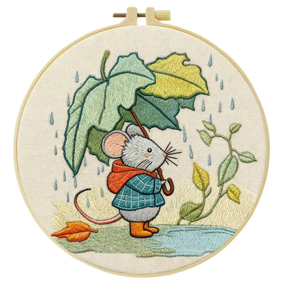 Cute Mouse with Leaf Umbrella Embroidery Kit – Whimsical Rainy Day DIY Hand Embroidery Hoop Art Set