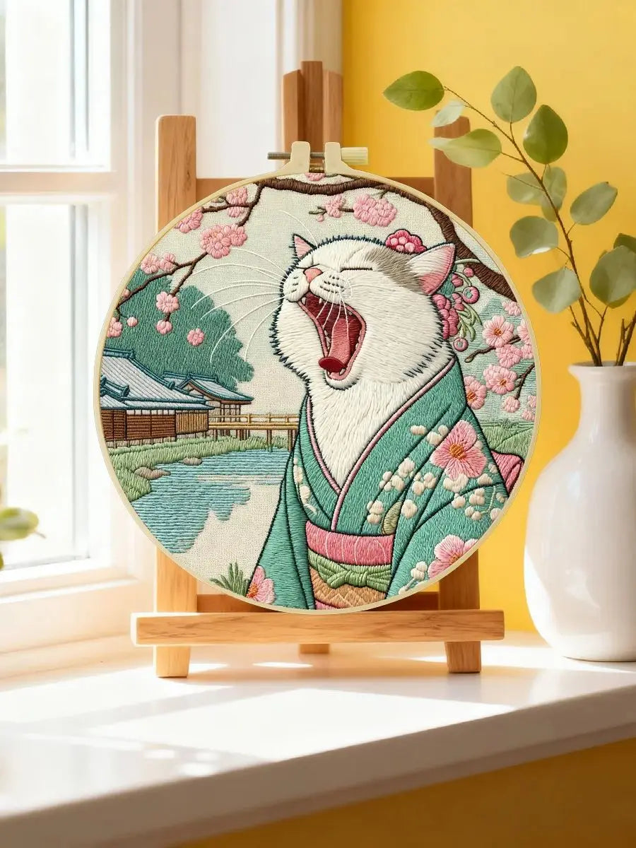 Japanese Kimono Cat Embroidery Kit – Cute Yawning Cat in Sakura Garden Needlepoint Pattern for Cat Lovers & Asian Decor