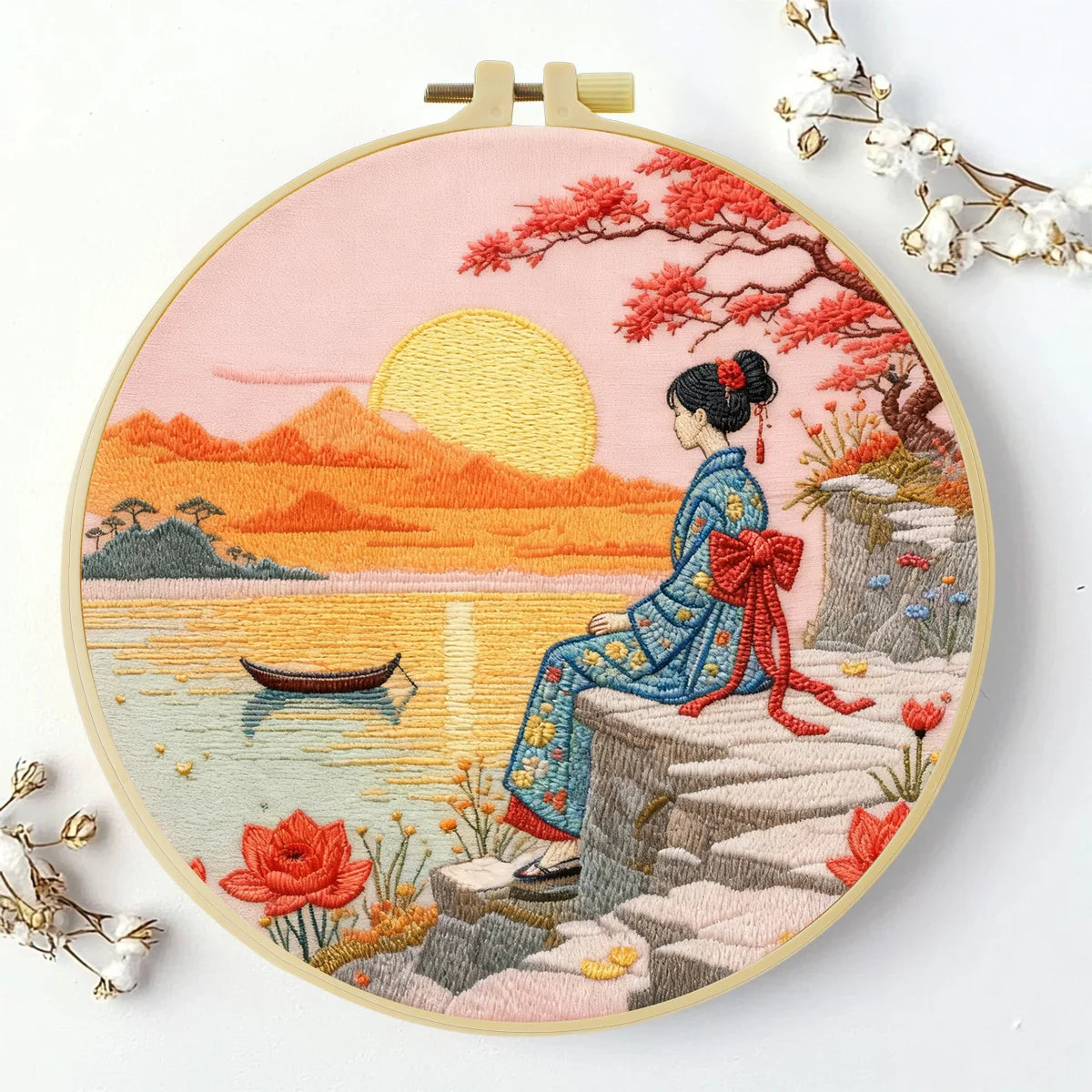 Japanese Sunset Landscape Embroidery Starter Kit – DIY Scenic Kimono Sewing Art Set for Beginners