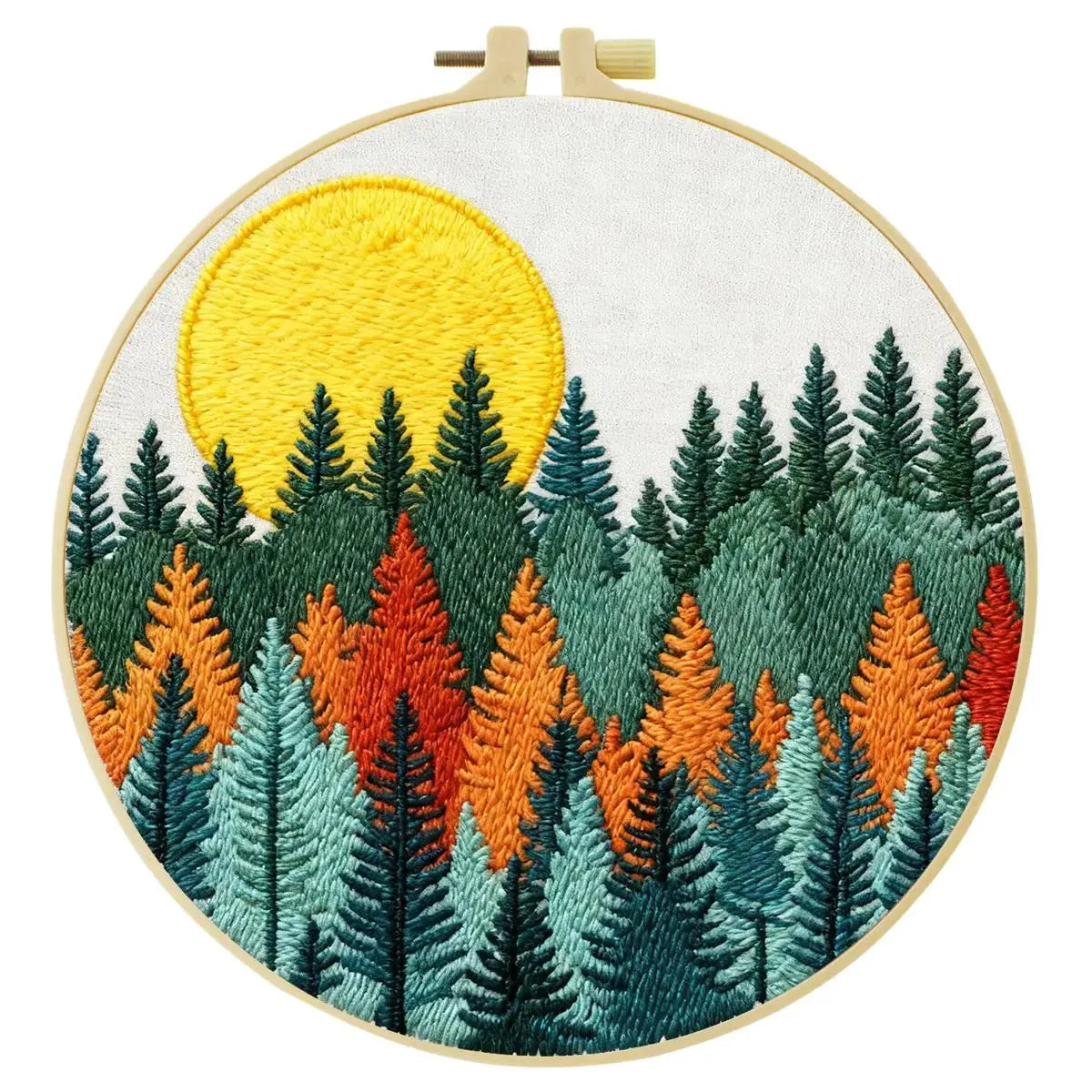 Moonlit Forest Embroidery Kit – Colorful Pine Trees DIY Hand Embroidery Hoop Art Set Kits For Stitchers