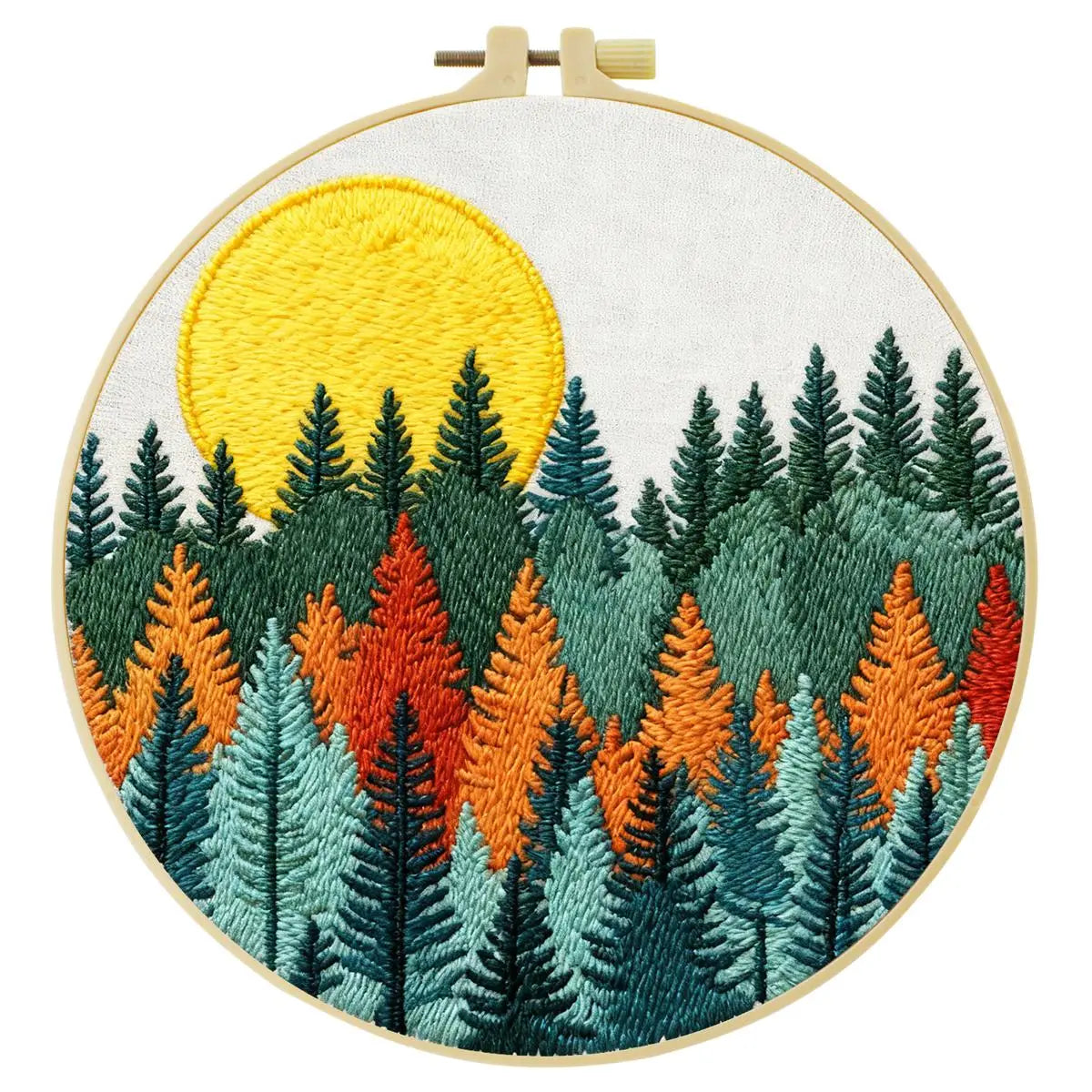 Moonlit Forest Embroidery Kit – Colorful Pine Trees DIY Hand Embroidery Hoop Art Set
