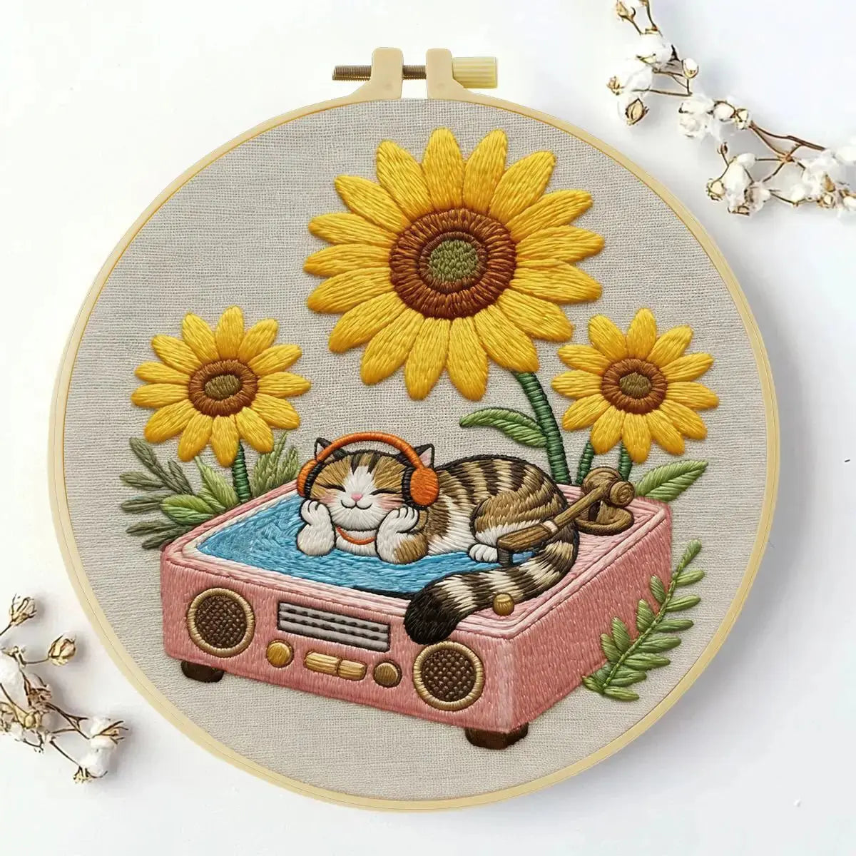 Sunflower DJ Cat Embroidery Kit Kits For Stitchers