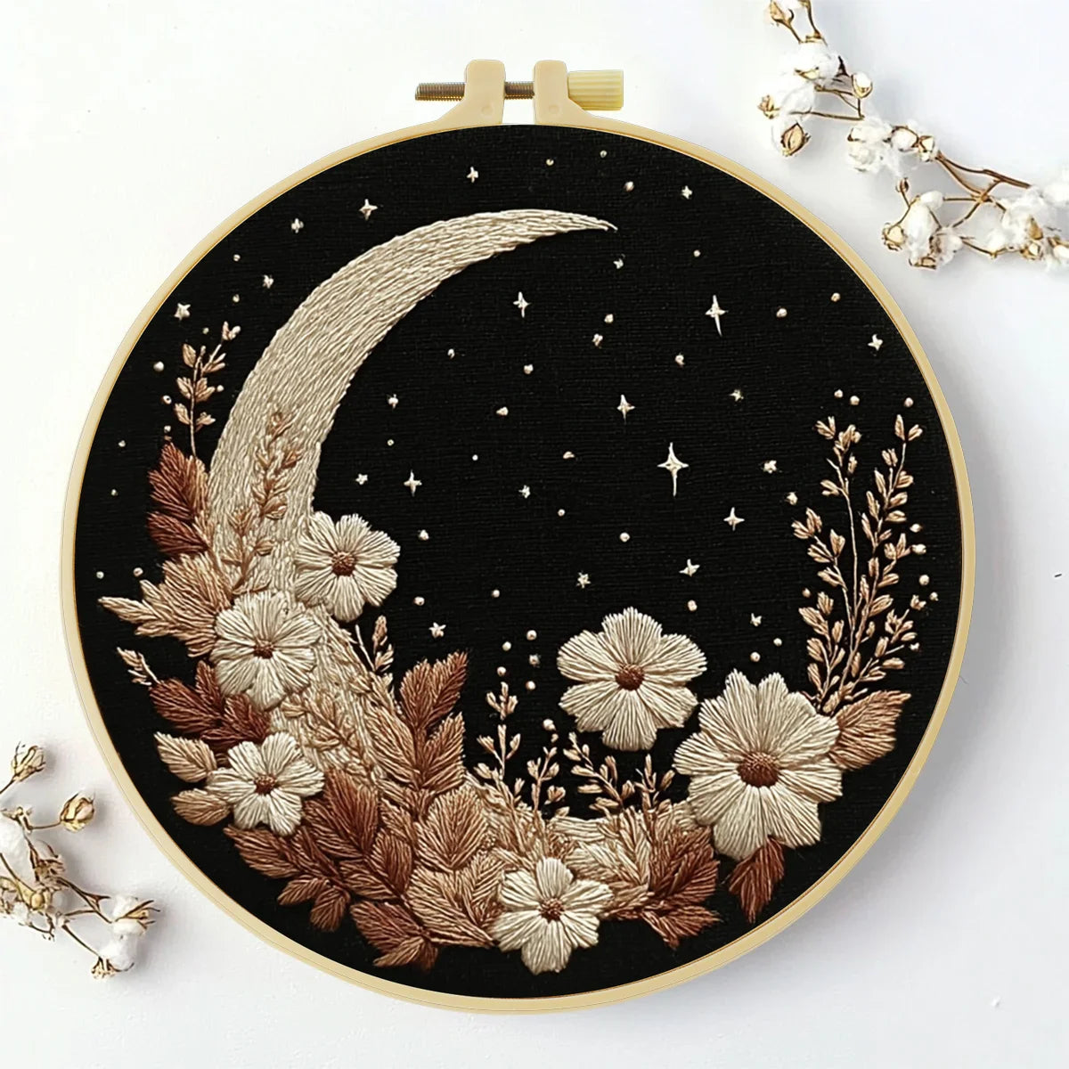 Moon & Floral Night Embroidery Starter Kit – DIY Celestial Sewing Art Set for Beginners