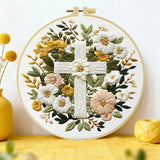 Floral Cross Embroidery Kit – Christian Needlepoint Pattern with Elegant White Flowers & Faith Inspired Wall Decor Kits For Stitchers