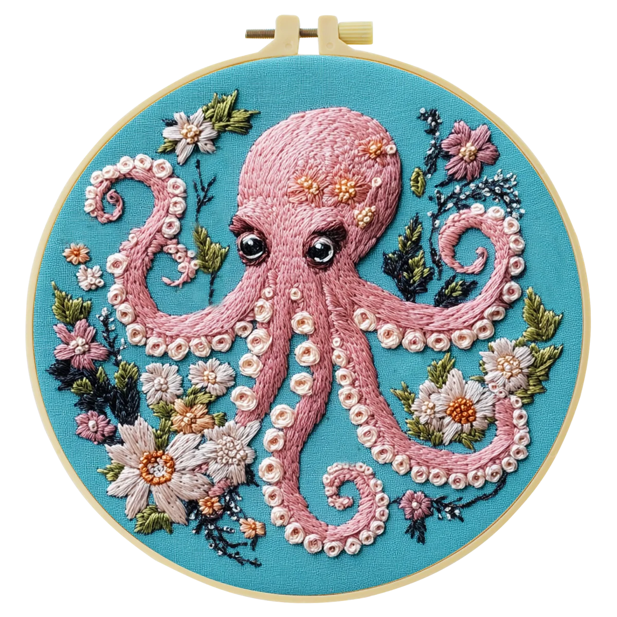 Floral Octopus Embroidery Kit – Whimsical Pink Octopus Needlepoint Pattern with Ocean-Inspired Botanical Details