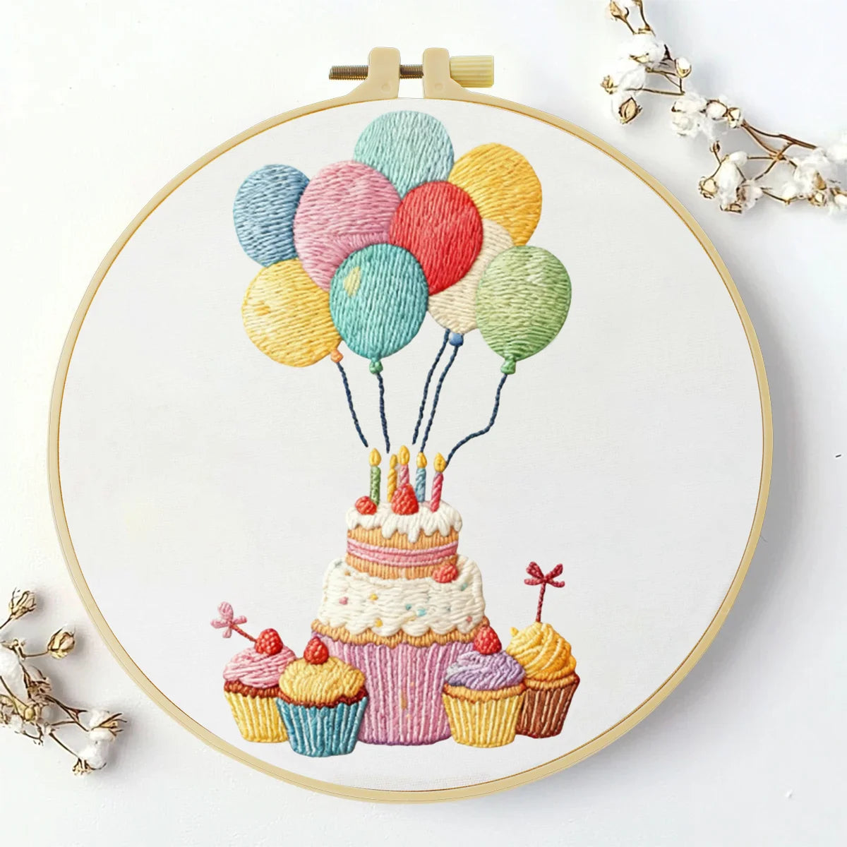 Handmade Birthday Cake Embroidery Hoop Wall Art – Colorful Balloon Party Decor