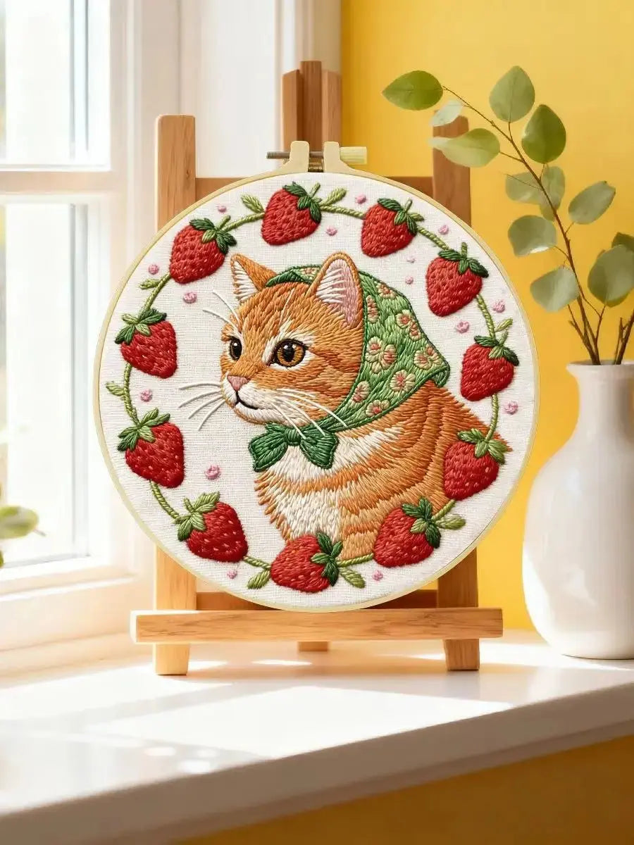 Strawberry Cat Embroidery Kit Kits For Stitchers
