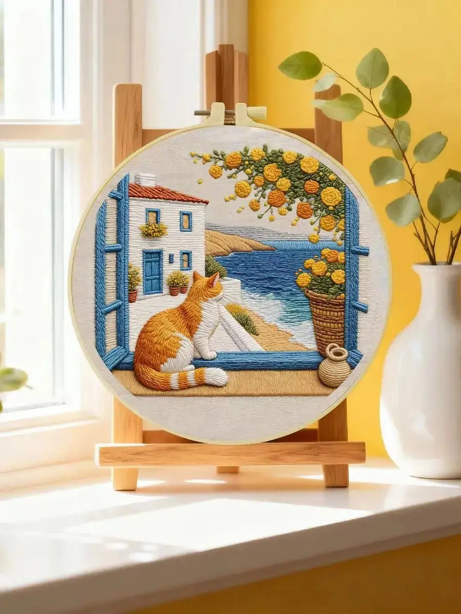 Seaside Window Cat Embroidery Kit Kits For Stitchers