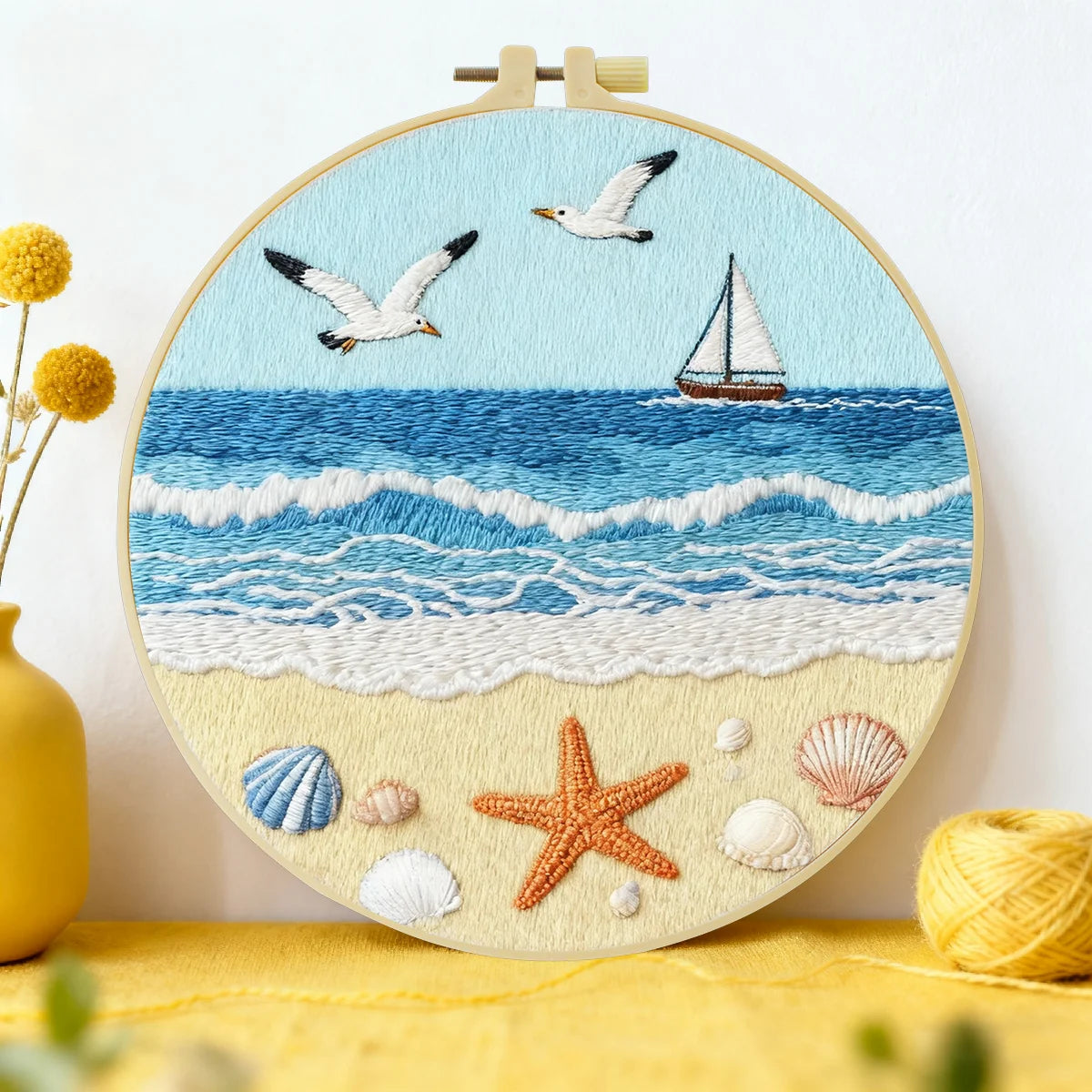 Coastal Beach Embroidery Kit – Ocean Waves, Seagulls & Seashells DIY Needlepoint Hoop Art Nautical Seaside Decor Craft Gift for Adults