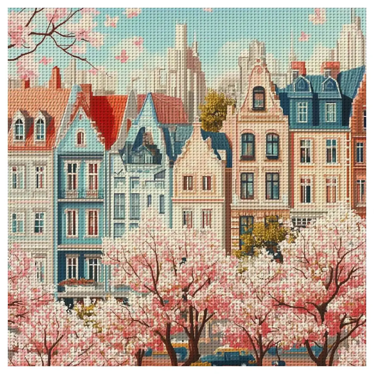 Spring Blossoms Cityscape Cross Stitch Kit 🌸🏙️✨