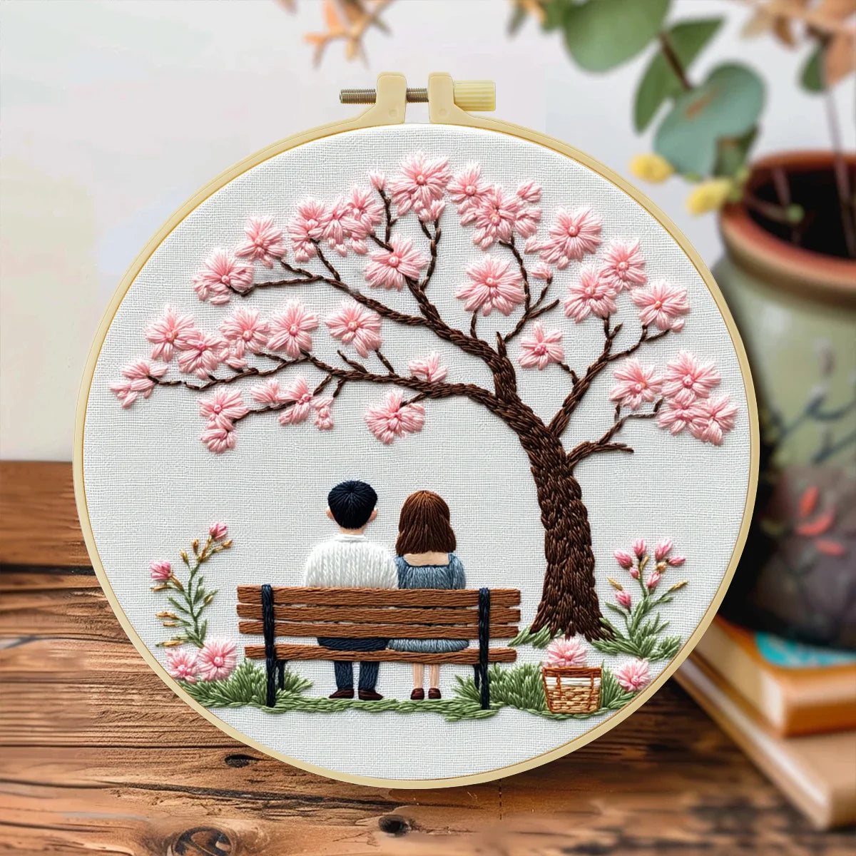 Cherry Blossom Couple Embroidery Kit – Romantic Spring Bench Needlepoint Pattern with Sakura Tree & Cozy Love Scene