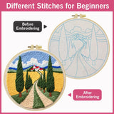 Tuscan Countryside Embroidery Kit for Adults – Scenic Cypress Tree Landscape DIY Needlepoint Hoop Art Beginner Friendly Craft Gift