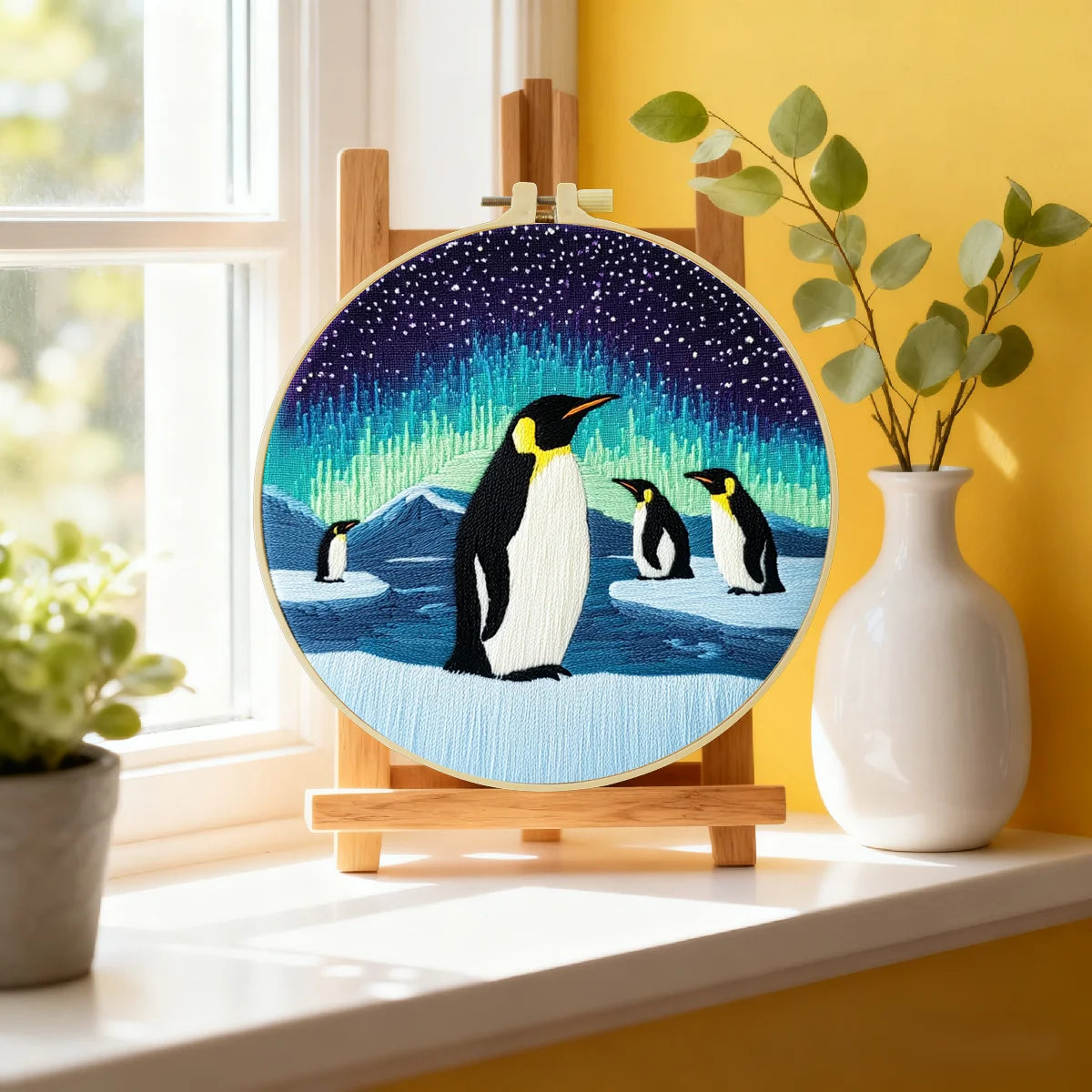 Penguin Aurora Embroidery Kit – Northern Lights Antarctic Scene Needlepoint Pattern with Penguins & Starry Winter Sky