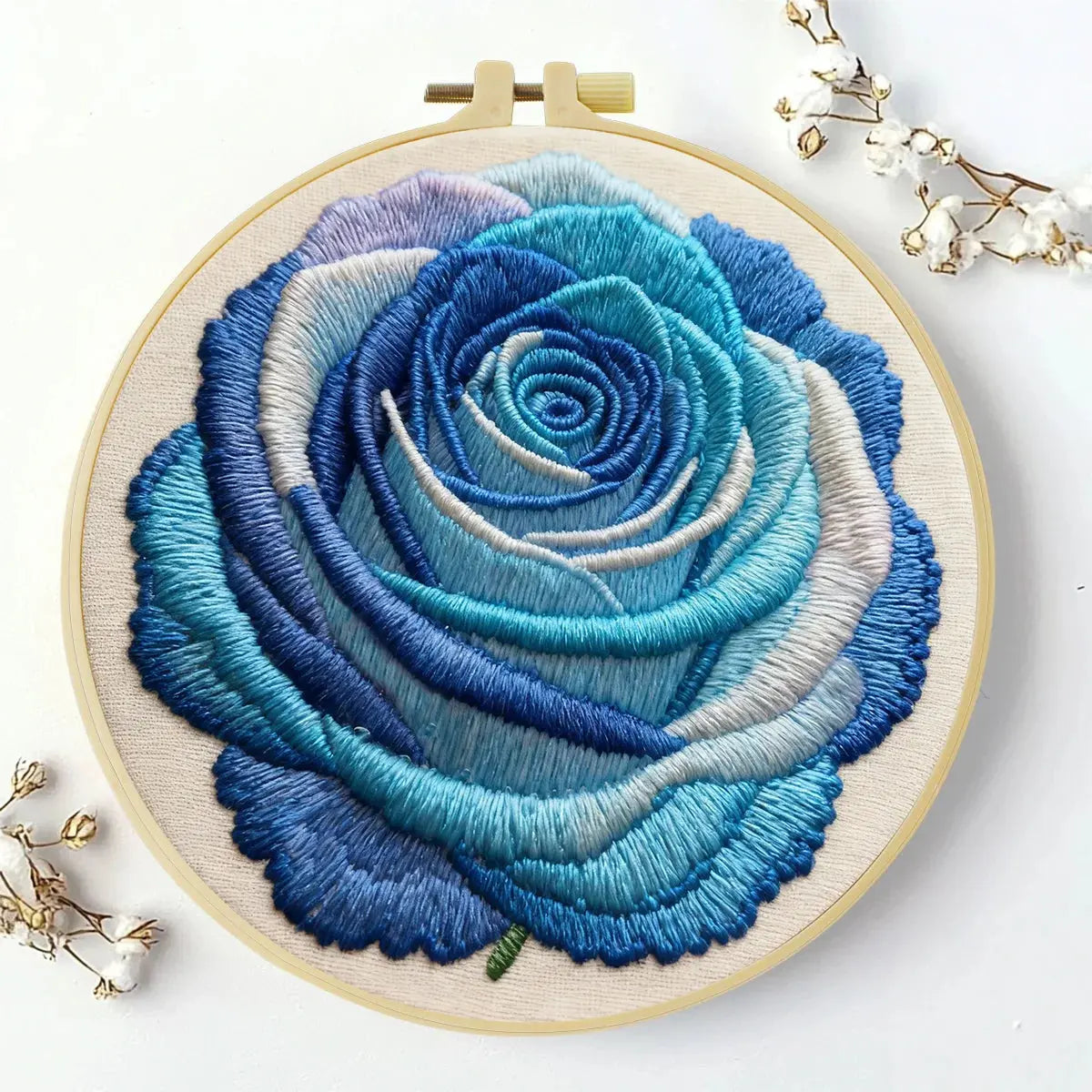 Blue Rose Embroidery DIY Kit – Modern Floral Hand Stitch Art with Hoop & Thread, Elegant Botanical Wall Décor Craft Kit The Stichers Heavane