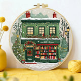 Christmas Bookstore Embroidery Kit – DIY Winter Holiday Village Sewing Craft Set, Festive Snowy Shop Wall Art Decor Kits For Stitchers