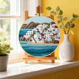 Santorini Coastal Village Embroidery Kit – Greek Island Seascape DIY Needlepoint Hoop Art Mediterranean Home Decor Craft Gift Kits For Stitchers
