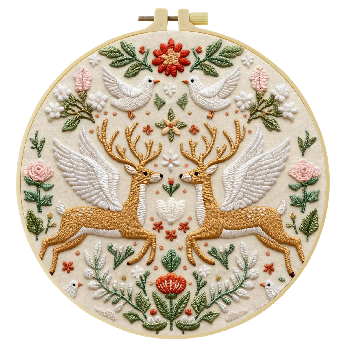 Folk Art Deer Embroidery DIY Kit – Scandinavian Animal Beginner Stitching Kit with Hoop, Pattern & Threads