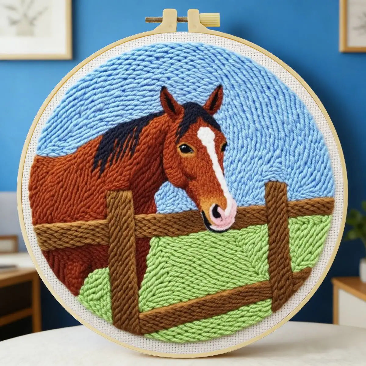 Horse Embroidery Kit – Rustic Farm Horse Needlepoint Pattern with Countryside Fence Scene for Animal Lovers & Beginners