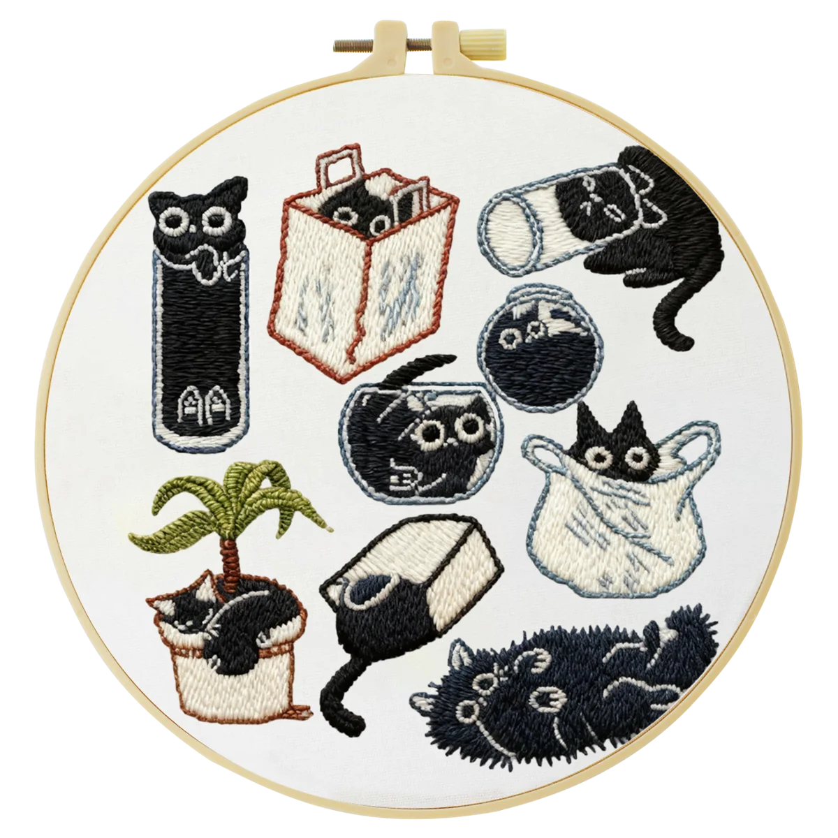 Black Cat Embroidery DIY Kit – Cute Cartoon Beginner Stitching Kit with Hoop, Pattern & Threads